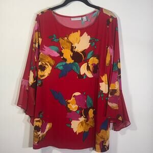 Susan Graver Floral Top Red Liquid Knit Bell Sleeve Blouse Large